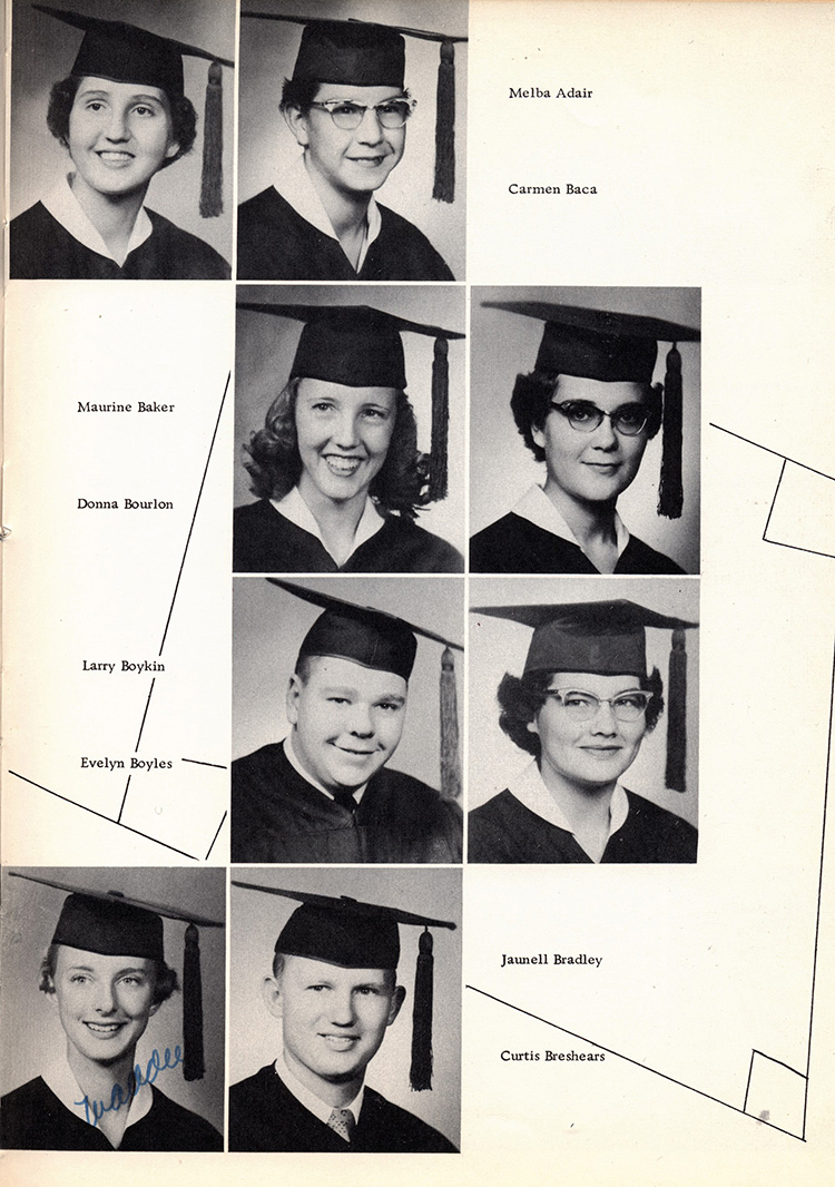 <seniors 1956 Melba Adair Carmen Baca Maurine Baker Donna Bourlon Larry Boykin Evelyn Boyles Junell Bradley Curtis Breshears Duwain Bullock K. Don Bunch Eddie Burrage De Maris Burrow Ollie Bush Morris Butts Sue Carmichael Jo Ella Carroll>