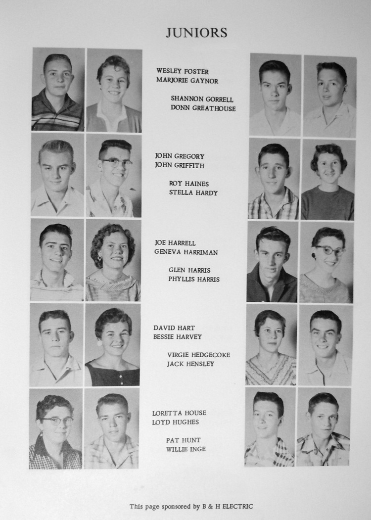 <juniors Wesley Foster Marjorie Gaynor Shannon Gorrel Donn Greathouse John Gregory John Griffith Roy Haines Stella Hardy Joe Harrell Geneva Harriman Glen Harris Phyllis Harris David Hart Bessy Harvey Virgie Hedgecoke Jack Hensley Loretta house Loyd Hughes Pat hunt Willie Inge Page sponsored by B & H electric.>